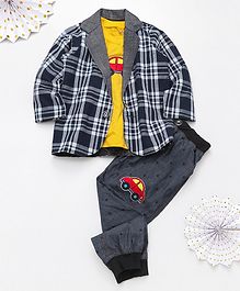 Knotty Kids Full Sleeves Checked Blazer With Car Patch Tee & Pants Set - Blue Grey Knotty Kids Full Sleeves Checked Blazer With Car Patch Tee & Pants Set - Blue Grey