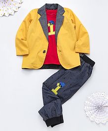 Knotty Kids Full Sleeves Blazer With Number Patch Tee & Pants Set - Yellow Grey Knotty Kids Full Sleeves Blazer With Number Patch Tee & Pants Set - Yellow Grey