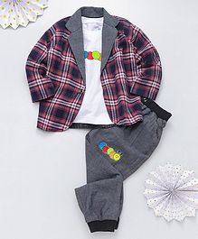 Knotty Kids Full Sleeves Checked Blazer With Tee & Pants Set - Pink Grey Knotty Kids Full Sleeves Checked Blazer With Tee & Pants Set - Pink Grey