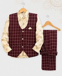 Knotty Kids Full Sleeves Printed Shirt With Checked Waistcoat & Pants Set - Brown Knotty Kids Full Sleeves Printed Shirt With Checked Waistcoat & Pants Set - Brown
