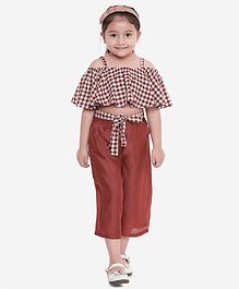Aww Hunnie Half Sleeves Checkered Cold Shoulder Crop Top With Culottes - Brown Aww Hunnie Half Sleeves Checkered Cold Shoulder Crop Top With Culottes - Brown