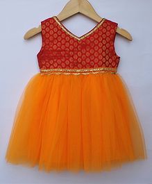 Many frocks & Sleeveless Brocade Pattern Dress - Orange Many frocks & Sleeveless Brocade Pattern Dress - Orange