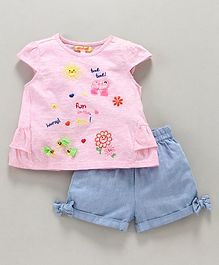 Nauti Nati Cap Sleeves Sunny Day Theme Top With Shorts - Pink Blue Nauti Nati Cap Sleeves Sunny Day Theme Top With Shorts - Pink Blue