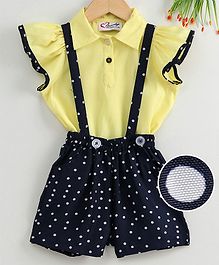 M'andy Short Sleeves Top With Polka Dot Print Suspender Shorts - Dark Yellow & Navy Blue M'andy Short Sleeves Top With Polka Dot Print Suspender Shorts - Dark Yellow & Navy Blue