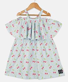 Olele Cherry Print Off Shoulder Half Sleeves Dress - Blue Olele Cherry Print Off Shoulder Half Sleeves Dress - Blue