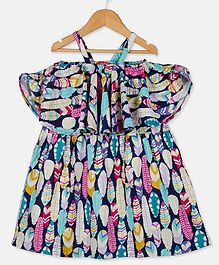 Olele Feather Print Off Shoulder Half Sleeves Dress - Dark Blue Olele Feather Print Off Shoulder Half Sleeves Dress - Dark Blue