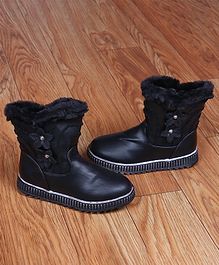 FEETWELL SHOES Flower Applique Fur High Ankle Boots - Black FEETWELL SHOES Flower Applique Fur High Ankle Boots - Black