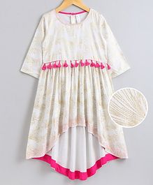 Kiddopanti Three Fourth Sleeves Golden Leaves Printed High Low Kurta - Off White Kiddopanti Three Fourth Sleeves Golden Leaves Printed High Low Kurta - Off White