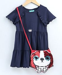Tiara Half Sleeves Solid Dress With Dog Reversible Sequin Sling Bag - Blue Tiara Half Sleeves Solid Dress With Dog Reversible Sequin Sling Bag - Blue