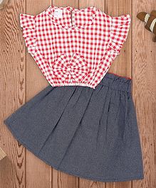 oui oui Cap Sleeves Gingham Bow Decor Crop Top With Skirt - Red Grey oui oui Cap Sleeves Gingham Bow Decor Crop Top With Skirt - Red Grey