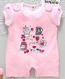 ToffyHouse Dungaree Style Romper with Half Sleeves Striped Tee Strawberry Print - Pink ToffyHouse Dungaree Style Romper with Half Sleeves Striped Tee Strawberry Print - Pink