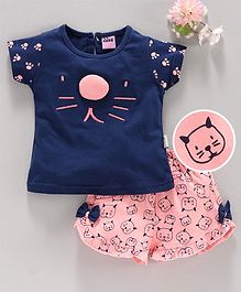 U R CUTE Short Sleeves Cat Printed Top With Shorts - Peach & Blue U R CUTE Short Sleeves Cat Printed Top With Shorts - Peach & Blue