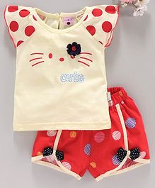 U R Cute Cat Face Printed Short Sleeves Top With Shorts - Yellow & Red U R Cute Cat Face Printed Short Sleeves Top With Shorts - Yellow & Red