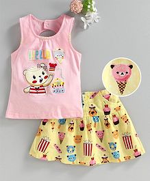 U R CUTE Sleeveless Cartoon Printed Top & Ice Cream Print Skirt Set - Pink & Yellow U R CUTE Sleeveless Cartoon Printed Top & Ice Cream Print Skirt Set - Pink & Yellow
