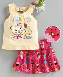 U R CUTE Sleeveless Cartoon Printed Top & Ice Cream Print Skirt Set - Dark Pink & Yellow U R CUTE Sleeveless Cartoon Printed Top & Ice Cream Print Skirt Set - Dark Pink & Yellow