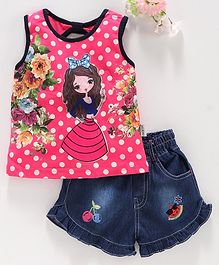 U R CUTE Sleeveless Girl Patch Detailed Top With Shorts - Pink U R CUTE Sleeveless Girl Patch Detailed Top With Shorts - Pink