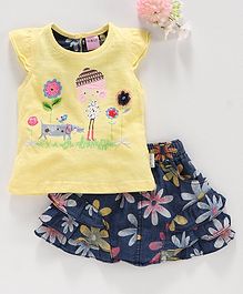 U R CUTE Cap Sleeves Girl Print Top With Flower Print Skirt - Yellow U R CUTE Cap Sleeves Girl Print Top With Flower Print Skirt - Yellow