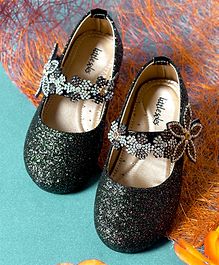 Little soles Glitter Finish Flower Decorated Mary Janes - Black Little soles Glitter Finish Flower Decorated Mary Janes - Black