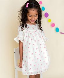 Campana Ruffled Half Sleeves Flower Printed Dress - White & Pink Campana Ruffled Half Sleeves Flower Printed Dress - White & Pink