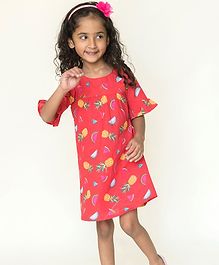 Campana Ruffled Half Sleeves Fruits Printed Dress - Red Campana Ruffled Half Sleeves Fruits Printed Dress - Red