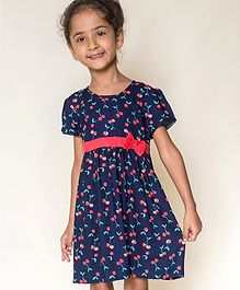 Campana All Over Cherry Printed Half Sleeves Flared Dress - Navy Blue & Red Campana All Over Cherry Printed Half Sleeves Flared Dress - Navy Blue & Red