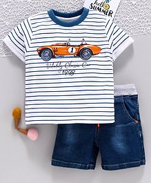 ToffyHouse Half Sleeves Striped Tee & Denim Shorts Car Print - White Blue ToffyHouse Half Sleeves Striped Tee & Denim Shorts Car Print - White Blue