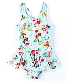 Awabox Floral Print Sleeveless Swimsuit & Cap - Blue Awabox Floral Print Sleeveless Swimsuit & Cap - Blue