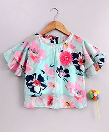 Vitamins Party Wear Flutter Sleeves Top with Inner Floral Print - Light Blue White Vitamins Party Wear Flutter Sleeves Top with Inner Floral Print - Light Blue White