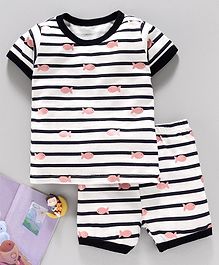 Yiyi Garden Half Sleeves Striped Night Suit Fish Print - Off White Black Yiyi Garden Half Sleeves Striped Night Suit Fish Print - Off White Black