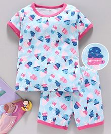 Yiyi Garden Half Sleeves Night Suit Ice Cream Print - Blue Yiyi Garden Half Sleeves Night Suit Ice Cream Print - Blue