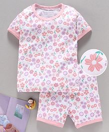 Yiyi Garden Half Sleeves Night Suit Floral Print - White Pink Yiyi Garden Half Sleeves Night Suit Floral Print - White Pink