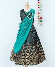 Betty By Tiny Kingdom Sleeveless Flower Print Gown With Contrast Drape - Green Betty By Tiny Kingdom Sleeveless Flower Print Gown With Contrast Drape - Green