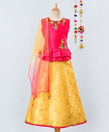 Betty By Tiny Kingdom Sleeveless Floral Embroidered Choli With Brocade Lehenga & Dupatta Set - Pink Yellow Betty By Tiny Kingdom Sleeveless Floral Embroidered Choli With Brocade Lehenga & Dupatta Set - Pink Yellow