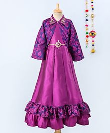 Betty By Tiny Kingdom Full Sleeves Motif Print Collared Jacket & Sleeveless Gown Set - Purple Betty By Tiny Kingdom Full Sleeves Motif Print Collared Jacket & Sleeveless Gown Set - Purple