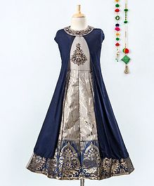 Betty By Tiny Kingdom Sleeveless Brocade Patch Gown With Long Cape - Blue Betty By Tiny Kingdom Sleeveless Brocade Patch Gown With Long Cape - Blue