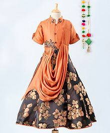 Betty By Tiny Kingdom Half Sleeves Collared Floral Print Flare Gown With Attached Drape - Orange Betty By Tiny Kingdom Half Sleeves Collared Floral Print Flare Gown With Attached Drape - Orange