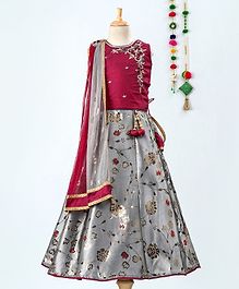Betty By Tiny Sleeveless Zari Work Choli With Foil Print Lehenga & Dupatta Set - Maroon Grey Betty By Tiny Sleeveless Zari Work Choli With Foil Print Lehenga & Dupatta Set - Maroon Grey