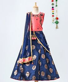 Betty By Tiny Kingdom Sleeveless Zari Work Embellished Choli & Motif Print Lehenga Set With Dupatta - Pink Blue Betty By Tiny Kingdom Sleeveless Zari Work Embellished Choli & Motif Print Lehenga Set With Dupatta - Pink Blue
