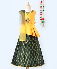 Betty By Tiny Kingdom Sleeveless Asymmetrical Hem Choli With Motif Print Lehenga & Dupatta Set - Yellow Green Betty By Tiny Kingdom Sleeveless Asymmetrical Hem Choli With Motif Print Lehenga & Dupatta Set - Yellow Green