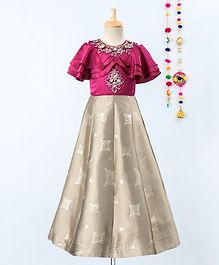 Betty By Tiny Kingdom Layered Half Sleeves Flower Detailed Contrast Flare Gown - Maroon Betty By Tiny Kingdom Layered Half Sleeves Flower Detailed Contrast Flare Gown - Maroon