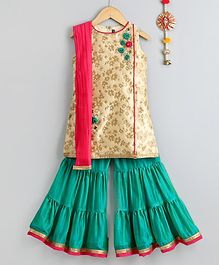 Betty By Tiny Kingdom Self Flower Print Sleeveless Kurta With Dupatta & Sharara Set - Green & Golden Betty By Tiny Kingdom Self Flower Print Sleeveless Kurta With Dupatta & Sharara Set - Green & Golden
