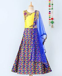 Betty By Tiny Kingdom Flower Embroidered Sleeveless Choli With Dupatta & Lehenga Set - Yellow & Blue Betty By Tiny Kingdom Flower Embroidered Sleeveless Choli With Dupatta & Lehenga Set - Yellow & Blue