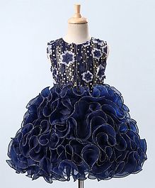 Maalka Flower Decorated Sleeveless Ruffled Dress - Navy Blue Maalka Flower Decorated Sleeveless Ruffled Dress - Navy Blue