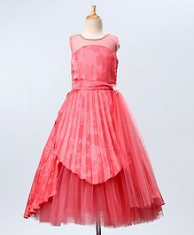 Maalka Self Flower Print Sleeveless Gown - Peach Maalka Self Flower Print Sleeveless Gown - Peach