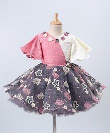 Maalka Flower Embroidery Half Sleeves Dress - Grey & Pink Maalka Flower Embroidery Half Sleeves Dress - Grey & Pink