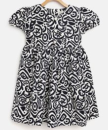Cherry Crumble California Cap Sleeves Abstract Print Dress - White & Navy Blue Cherry Crumble California Cap Sleeves Abstract Print Dress - White & Navy Blue