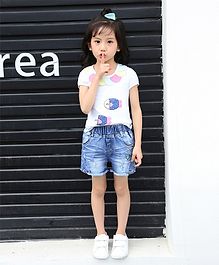 Pre Order - Awabox Raw Hem Heart Embroidered Shorts - Blue Pre Order - Awabox Raw Hem Heart Embroidered Shorts - Blue