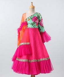 PinkCow Full Sleeves One Shoulder Floral Print Choli With Lehenga & Dupatta - Green Pink PinkCow Full Sleeves One Shoulder Floral Print Choli With Lehenga & Dupatta - Green Pink