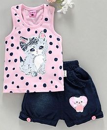 U R CUTE Sleeveless Cat Printed Tee With Shorts - Baby Pink U R CUTE Sleeveless Cat Printed Tee With Shorts - Baby Pink