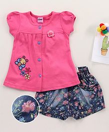 U R Cute Short Sleeves Top With Flower Print Shorts - Pink U R Cute Short Sleeves Top With Flower Print Shorts - Pink